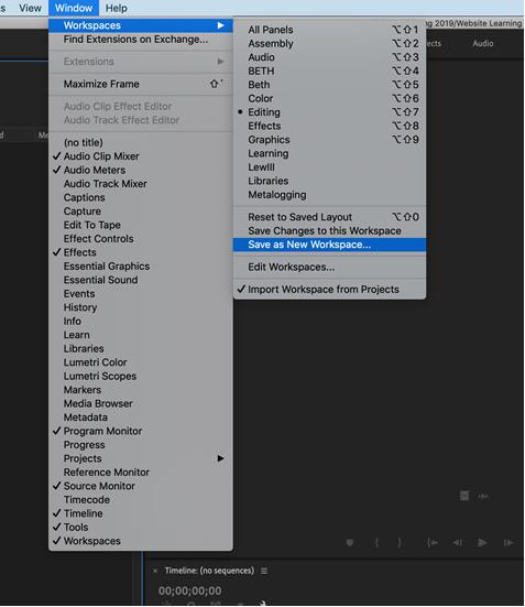Saving a new workspace in Premiere Pro